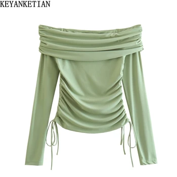KEYANKETIAN/ Весенний новый женский однотонный топ-футляр с открытыми плечами, плиссированный топ-футляр, модная светло-зеленая футболка с длинными рукавами на завязках