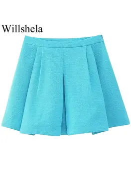 Willshela Женская модная текстура, синие юбки на молнии сбоку, шорты, винтажные женские шорты с высокой талией, шикарные женские шорты