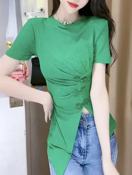 Летняя футболка в стиле ретро с круглым вырезом и разрезом, эластичные женские топы, футболки с длинным рукавом